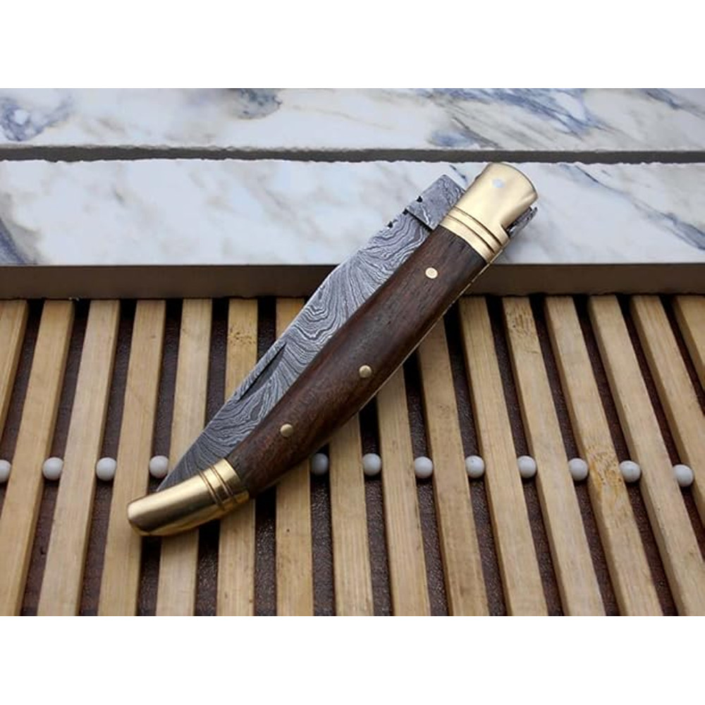 Laguiole Folding Damascus Steel Knife 85 Long With 4 Hand Forged Twist Patren Blade Rose Wood  Bras 3