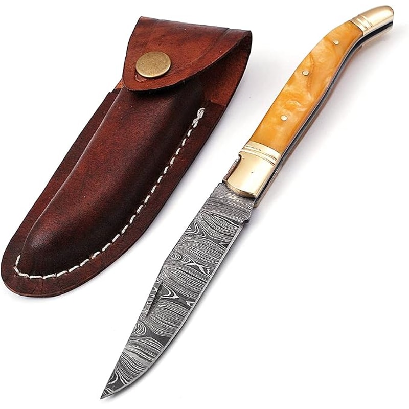 Laguiole Damascus Steel Folding Knife 85 Long With 4 Hand Forged Custom Twist Pattern Blade Beige C 0