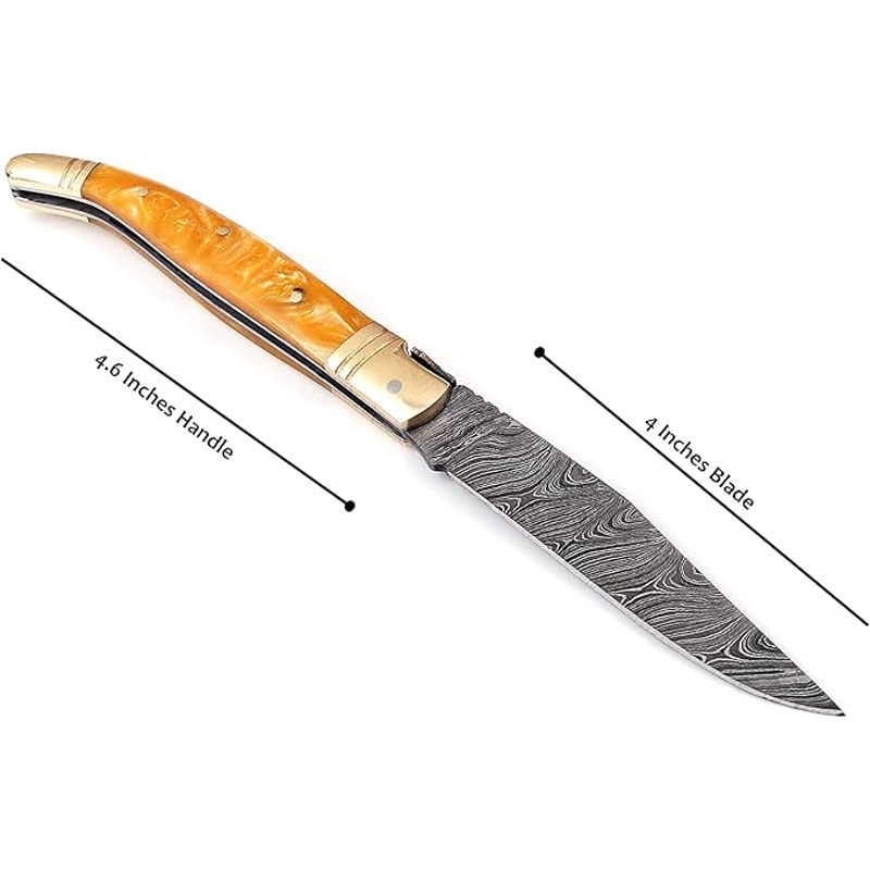Laguiole Damascus Steel Folding Knife 85 Long With 4 Hand Forged Custom Twist Pattern Blade Beige C 1