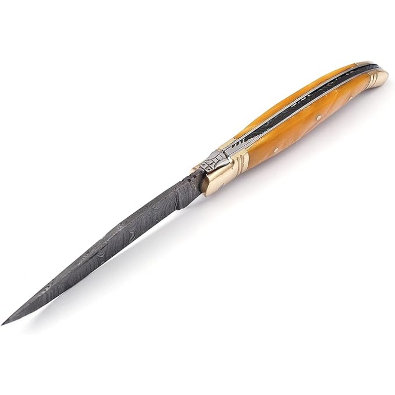 Laguiole Damascus Steel Folding Knife 85 Long With 4 Hand Forged Custom Twist Pattern Blade Beige C 2