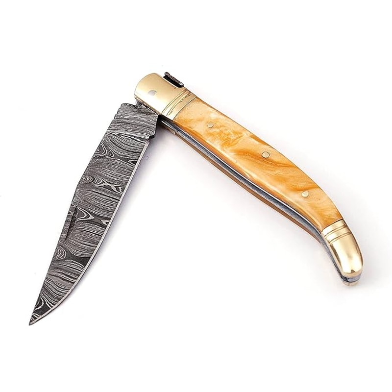 Laguiole Damascus Steel Folding Knife 85 Long With 4 Hand Forged Custom Twist Pattern Blade Beige C 3