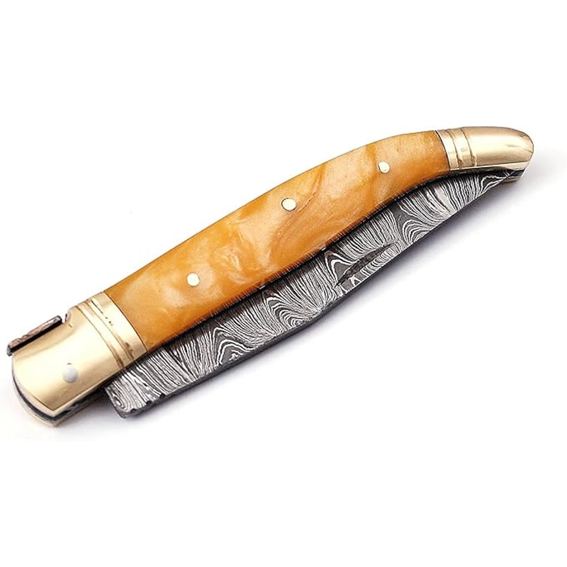 Laguiole Damascus Steel Folding Knife 85 Long With 4 Hand Forged Custom Twist Pattern Blade Beige C 4