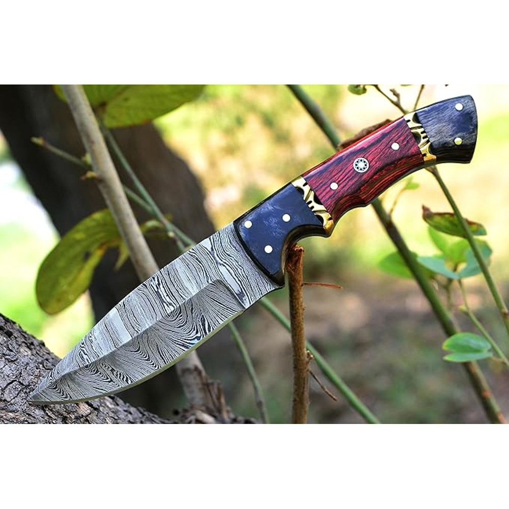 Handmade 9 Inch Fixed Blade Damascus Bushcraft Skinner For Hunting Outdoor Survival Knife With Leat 1