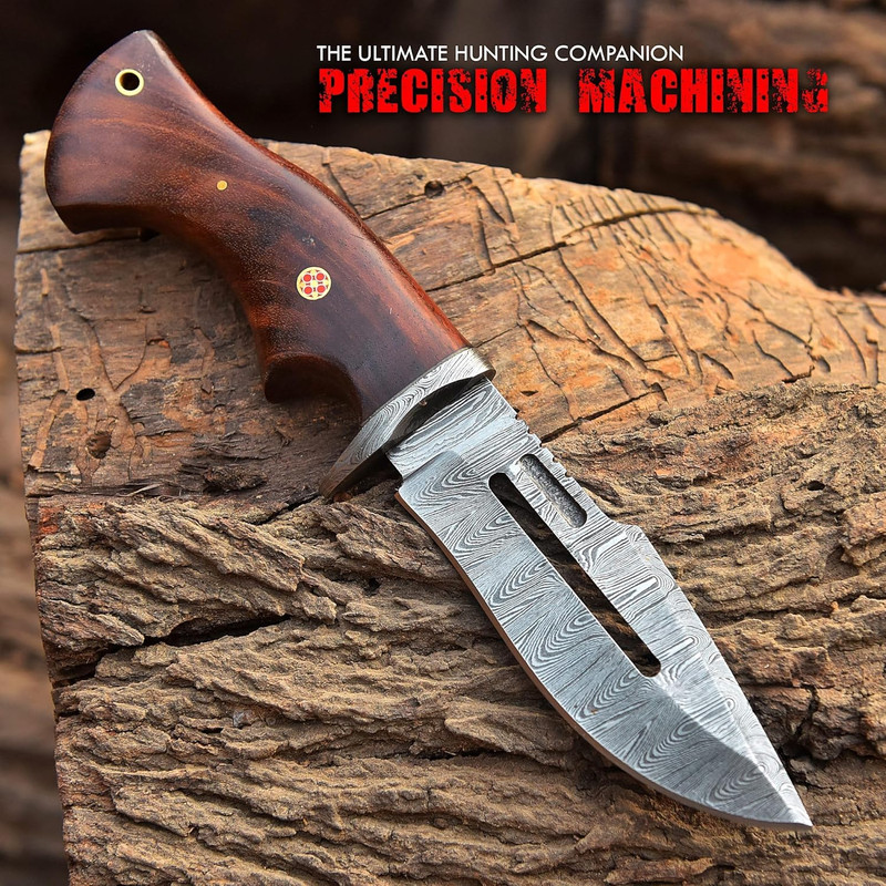 Handmade Damascus Hunting Knife With Leather Sheath  Ideal For Skinning Camping Outdoor  Best Gift  1