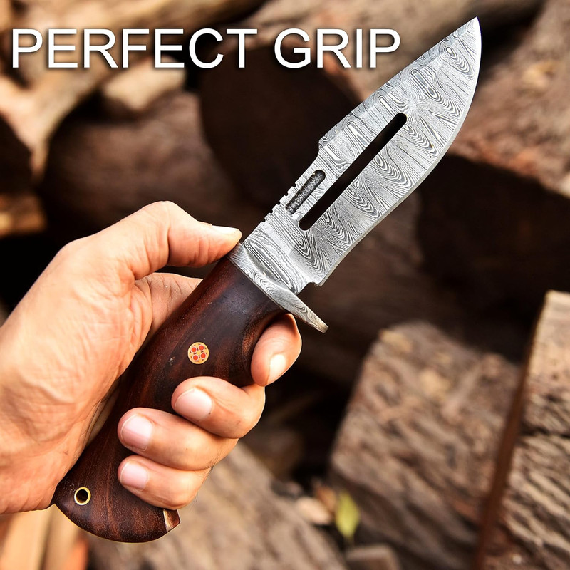 Handmade Damascus Hunting Knife With Leather Sheath  Ideal For Skinning Camping Outdoor  Best Gift  2