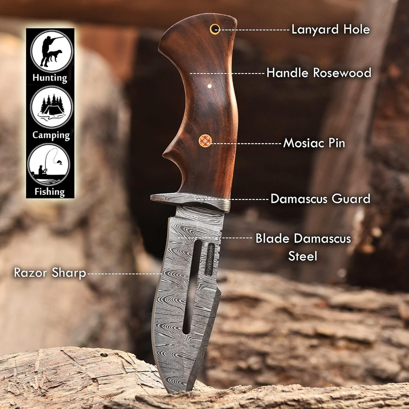 Handmade Damascus Hunting Knife With Leather Sheath  Ideal For Skinning Camping Outdoor  Best Gift  3