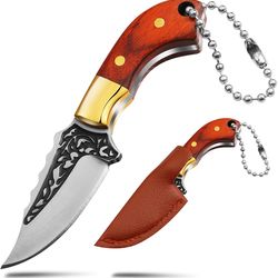 mini keychain knife, 3.35 inch stainless steel fixed blade hunting knife with leather sheath, wood handle everyday use