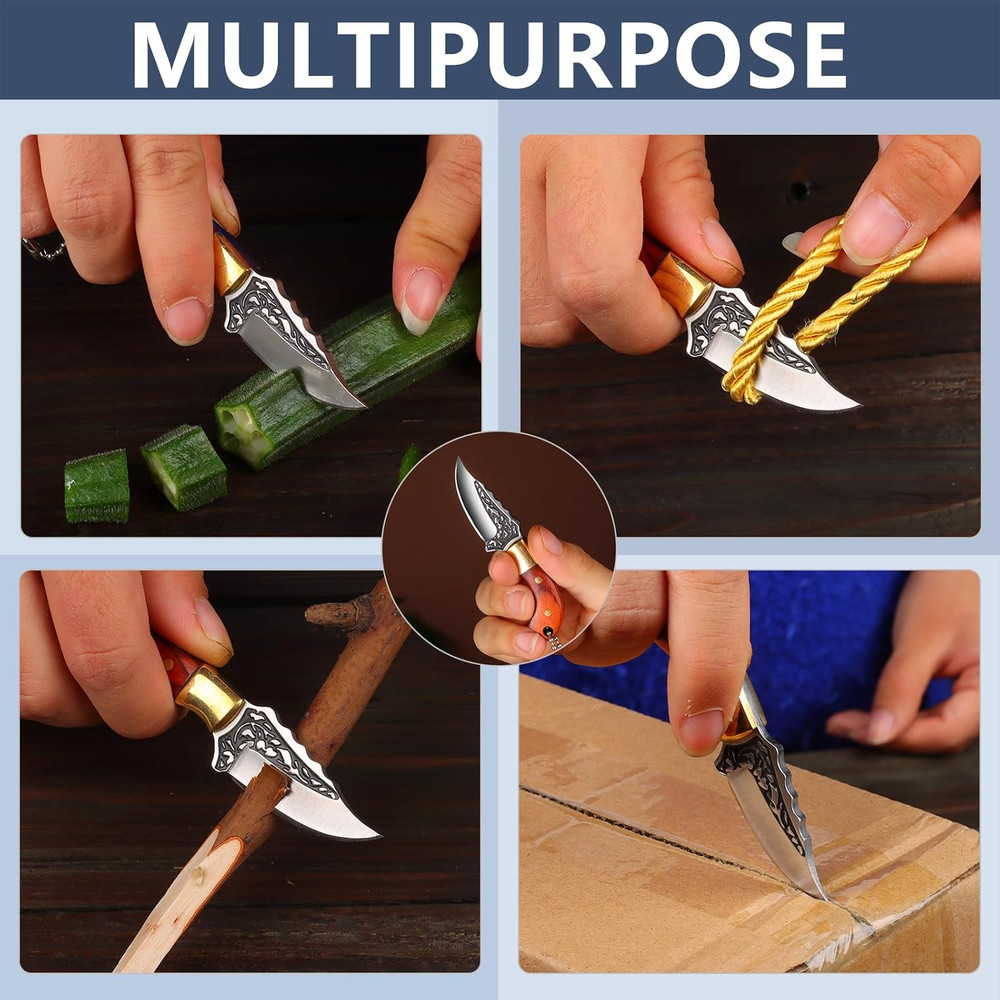 Mini Keychain Knife 335 Inch Stainless Steel Fixed Blade Hunting Knife With Leather Sheath Wood Han 5