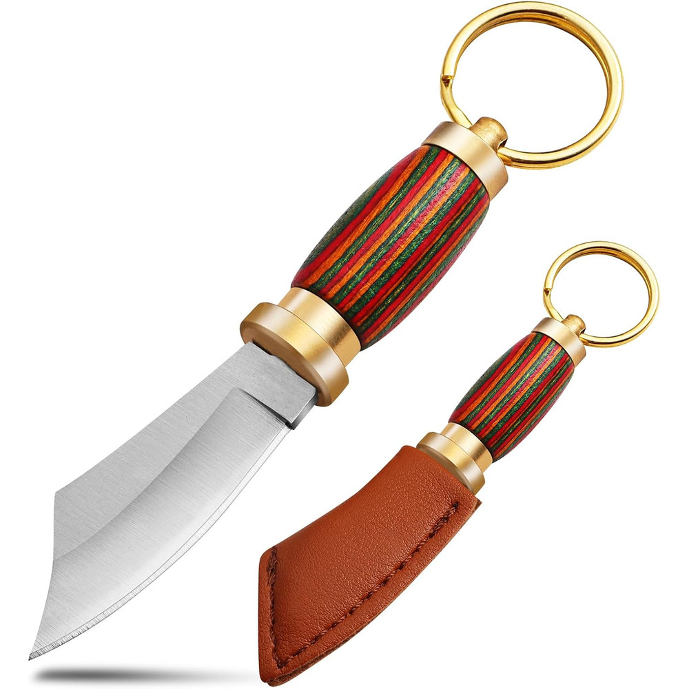 Mini Keychain Knife 335 Inch Stainless Steel Fixed Blade Knife With Leather Sheath Wood Handle EDC  0