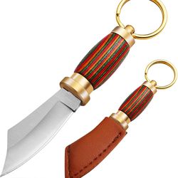 mini keychain knife, 3.35 inch stainless steel fixed blade knife with leather sheath, wood handle edc tiny knife