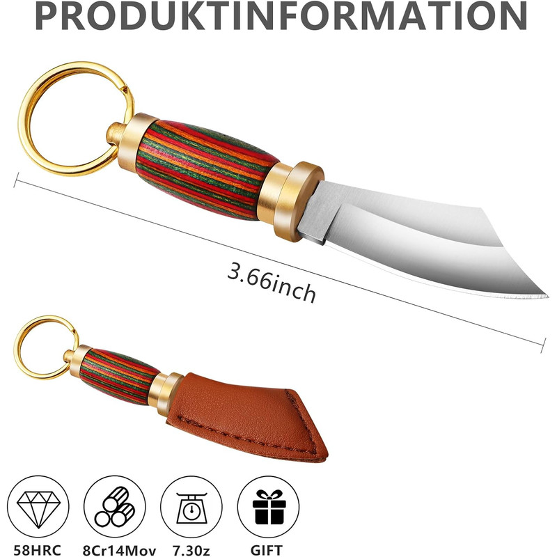 Mini Keychain Knife 335 Inch Stainless Steel Fixed Blade Knife With Leather Sheath Wood Handle EDC  1