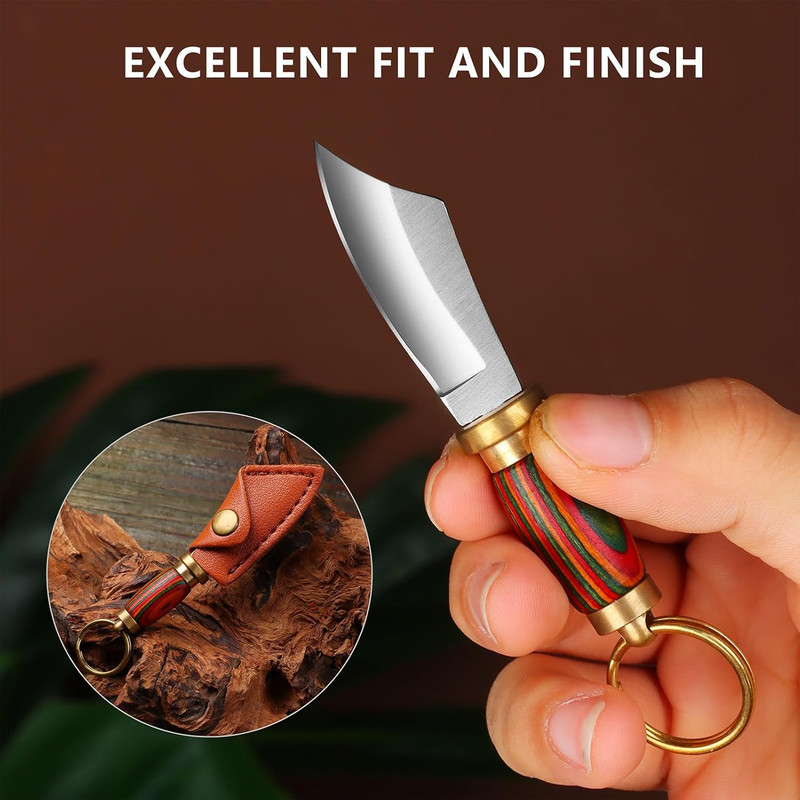 Mini Keychain Knife 335 Inch Stainless Steel Fixed Blade Knife With Leather Sheath Wood Handle EDC  4