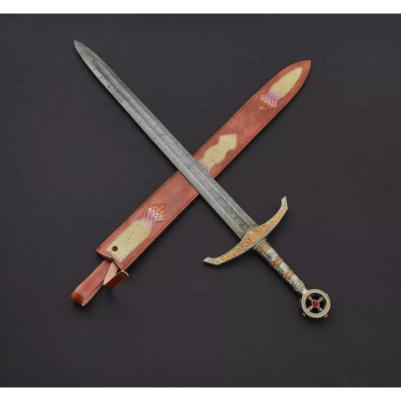 CUSTOM HANDMADE FORGED DAMASCUS STEEL HUNTING VIKING REAL LONG SWORD WITH SHEATH 0