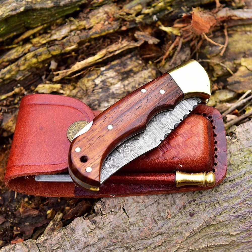 Damascus Folding Knife Damascus Pocket Knife Hand Made Damascus Wood Hunting Folding Knife 4