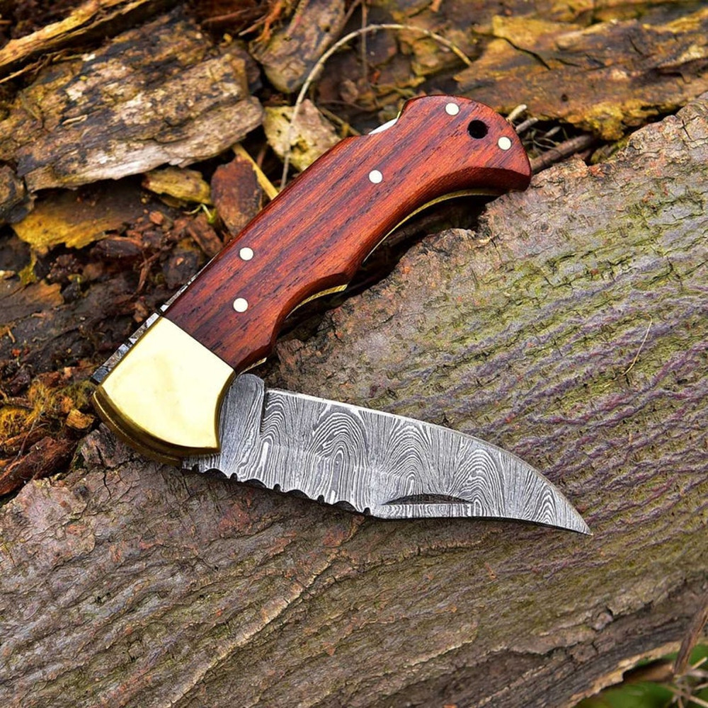 Damascus Folding Knife Damascus Pocket Knife Hand Made Damascus Wood Hunting Folding Knife 2