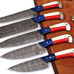 chef knife set, kitchen knife set, american flag handle style knife set, handmade damascus steel chef kitchen knife set