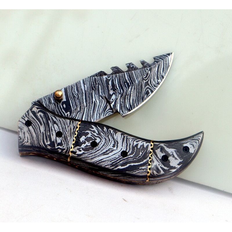 Damascus Leaf Pocket Knife Everyday Carry Folding Knife Hand Forged Damascus Hunting Knife Best Gif 2