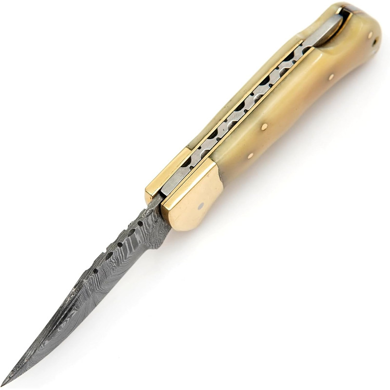 Damascus Folding Knife Pocket Knife Camping Hunting Survival Unique Gift Ivory With Brass Bolst 1