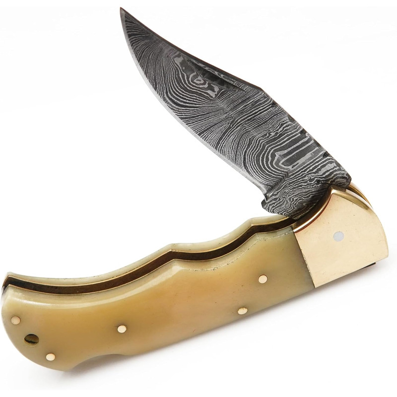 Damascus Folding Knife Pocket Knife Camping Hunting Survival Unique Gift Ivory With Brass Bolst 3