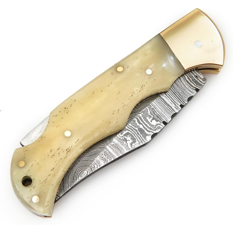 Damascus Folding Knife Pocket Knife Camping Hunting Survival Unique Gift Ivory With Brass Bolst 4