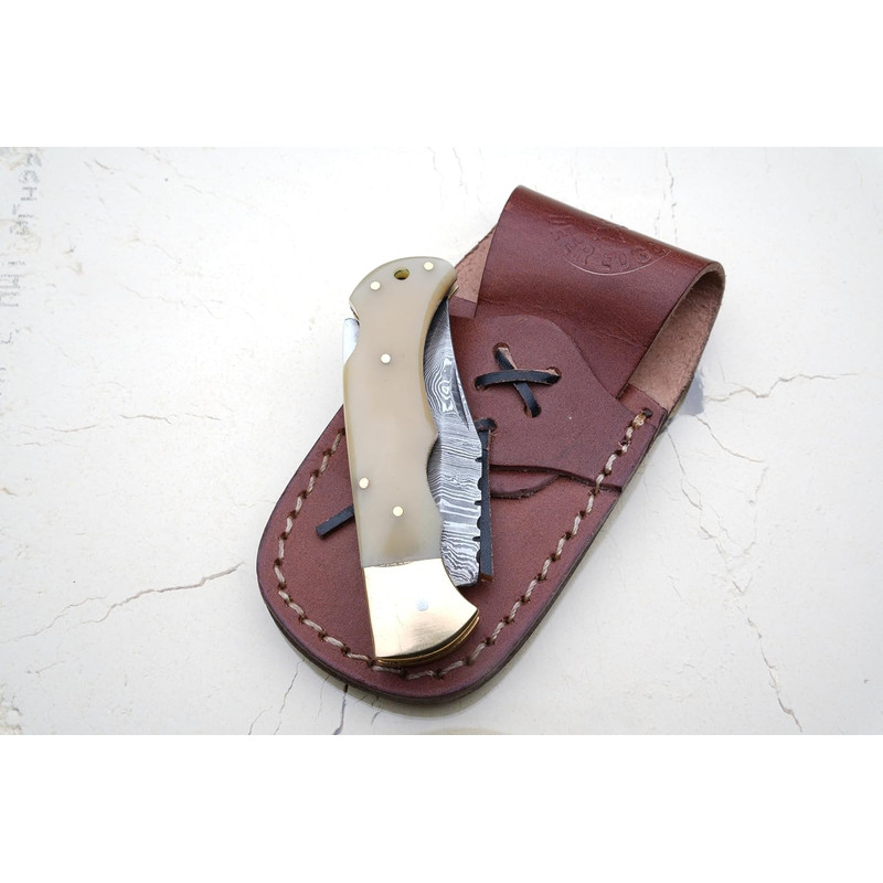 Damascus Folding Knife Pocket Knife Camping Hunting Survival Unique Gift Ivory With Brass Bolst 5