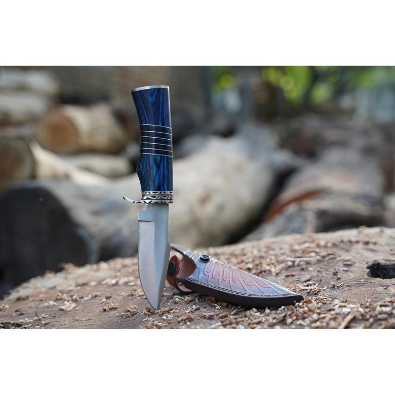 Hunting Knife For Men Genuine Leather Sheath Blue Micarta Handle Long Bowie Knives For Survival 3