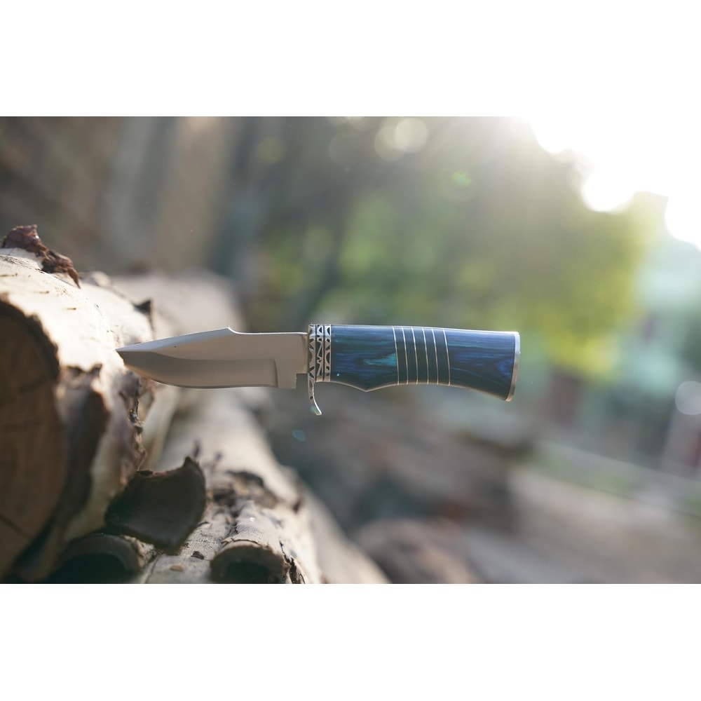 Hunting Knife For Men Genuine Leather Sheath Blue Micarta Handle Long Bowie Knives For Survival 4