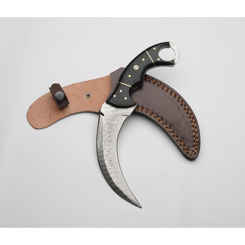 10 Damascus Karambit Knife With Leather Sheath Handmade Survival Claw Tactical Teeth Knife 0