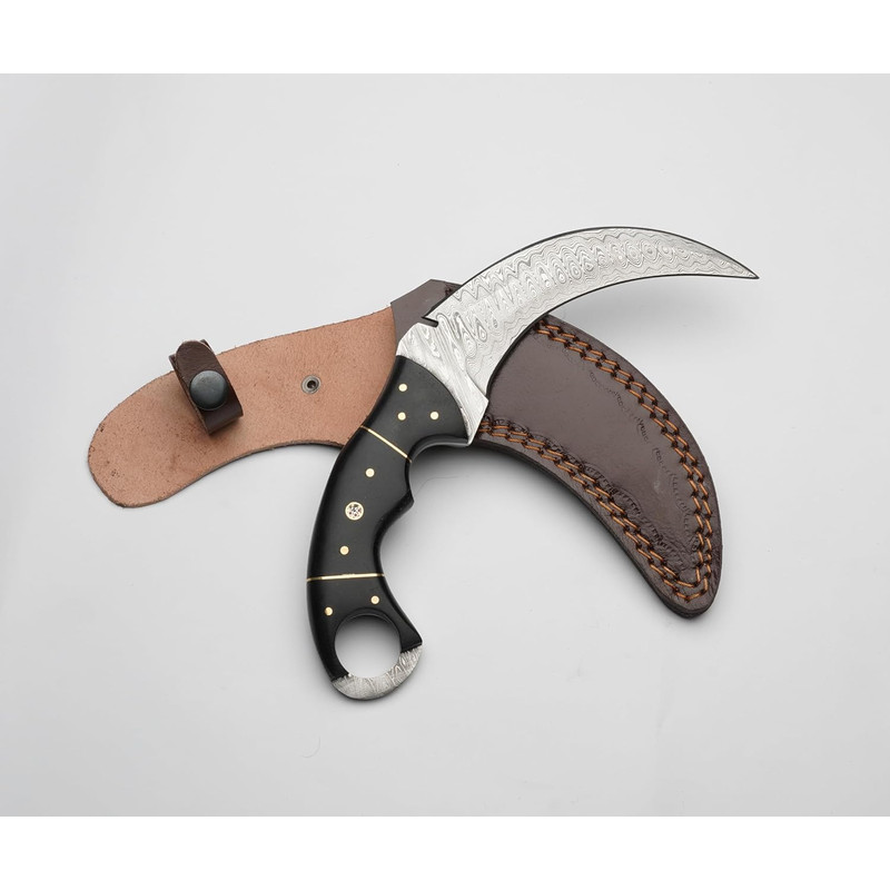 10 Damascus Karambit Knife With Leather Sheath Handmade Survival Claw Tactical Teeth Knife 2