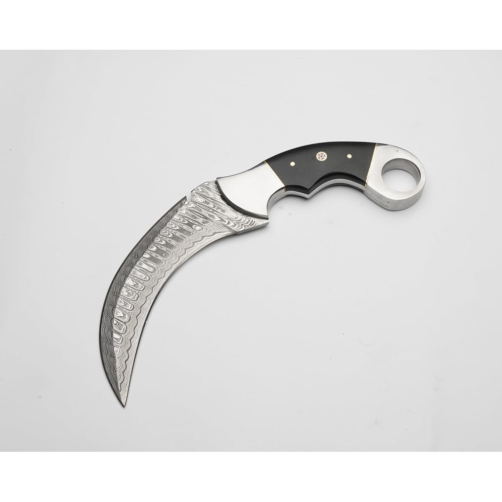 Karambit Knife Black And Silver Handle Damascus Steel Blade Sleek TwoTone Design For A Premium L 1