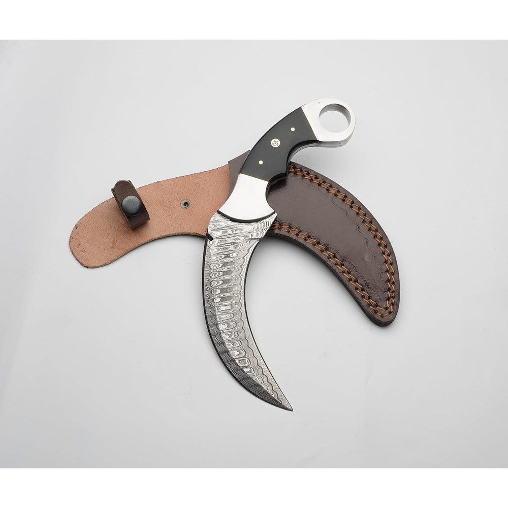 Karambit Knife Black And Silver Handle Damascus Steel Blade Sleek TwoTone Design For A Premium L 0