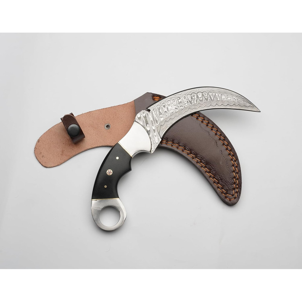 Karambit Knife Black And Silver Handle Damascus Steel Blade Sleek TwoTone Design For A Premium L 2