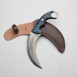 karambit knife | blue handle & damascus steel blade | durable outdoor companion with a touch of blue best gift for men