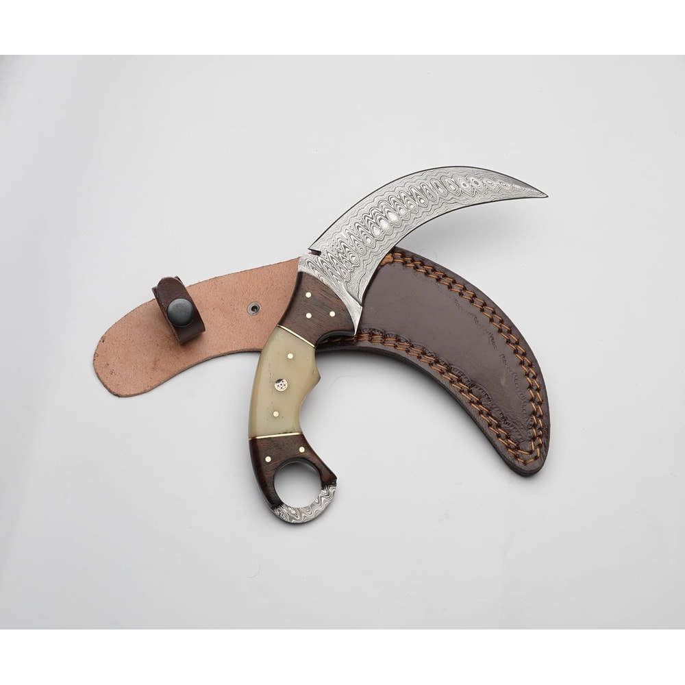 Karambit Knife Ivory And Brown Handle Damascus Steel Blade Unique TwoTone Handle For A Distincti