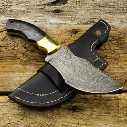 damascus steel tracker knife with leather sheath, handmade christmas gift - custom gift for men, unique christmas gift