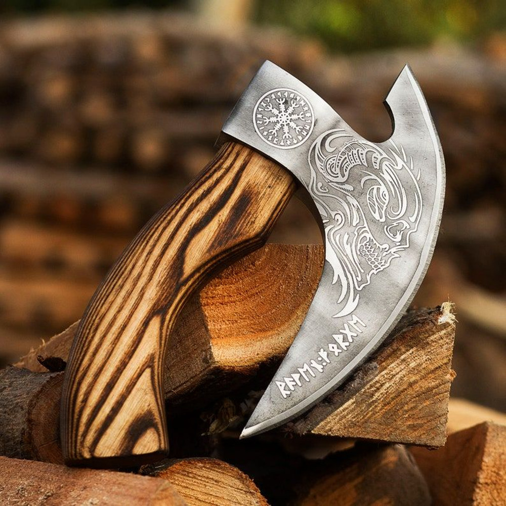 Handmade Pizza Axe Pizza Slicer Hand Forged Viking Pizza Cutter Viking Camping Axe Skull Etching P 0