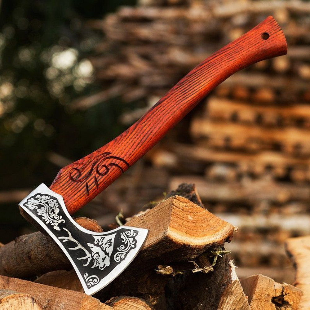 Custom Gift Carbon Steel Forest Viking Axe With Rose Wood Shaft Viking Bearded Camping Axe Christma 0