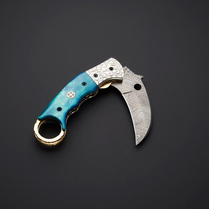 THE KARAMBIT Folding Knife  Custom Handmade  Everyday Carry  Pocket Knife  Utility Knife  Blue Dyed 3