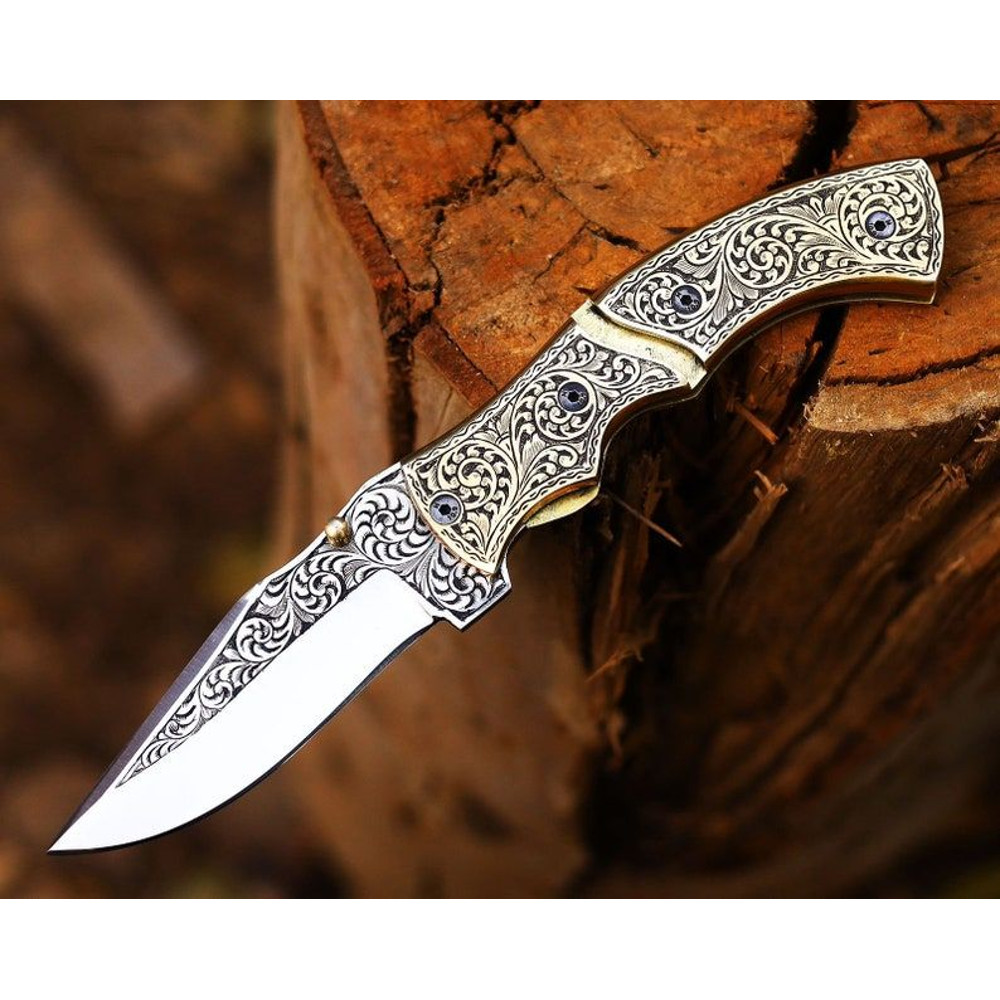 Handmade Hand Engraved Brass Handle Folding Knife Pocket Knife Easy Lock Knife Gift For Him Gift Fo 0
