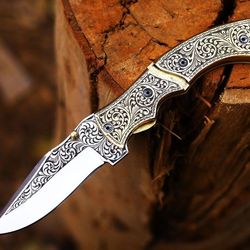 handmade hand engraved brass handle folding knife pocket knife easy lock knife gift for him gift for father