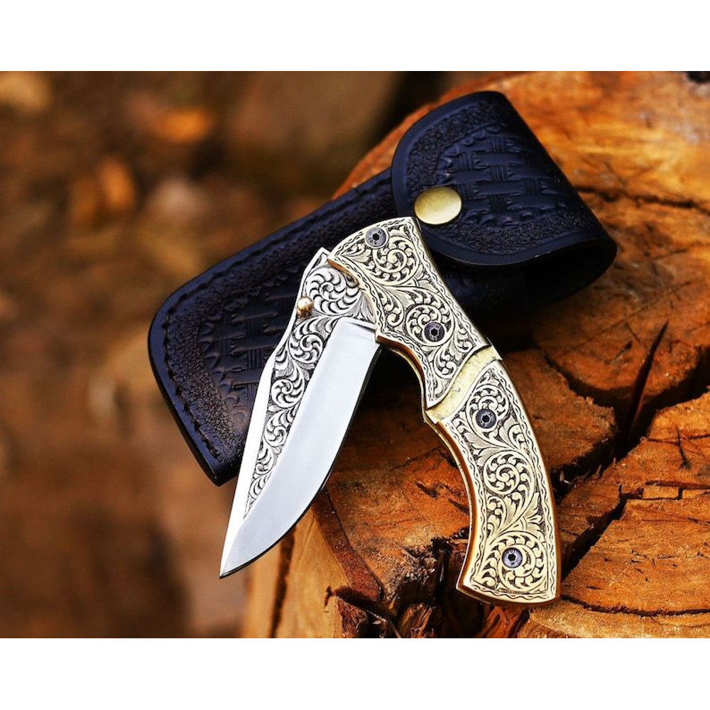Handmade Hand Engraved Brass Handle Folding Knife Pocket Knife Easy Lock Knife Gift For Him Gift Fo 1