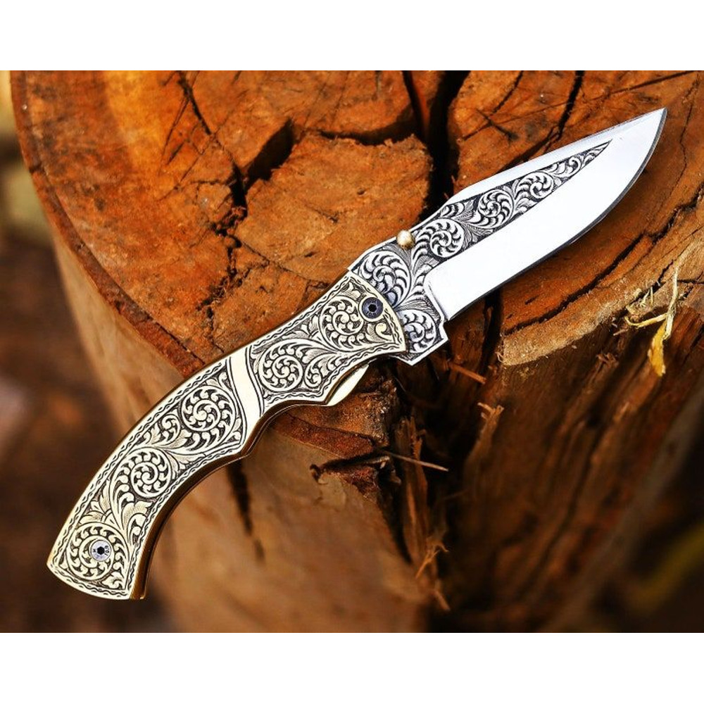 Handmade Hand Engraved Brass Handle Folding Knife Pocket Knife Easy Lock Knife Gift For Him Gift Fo 3