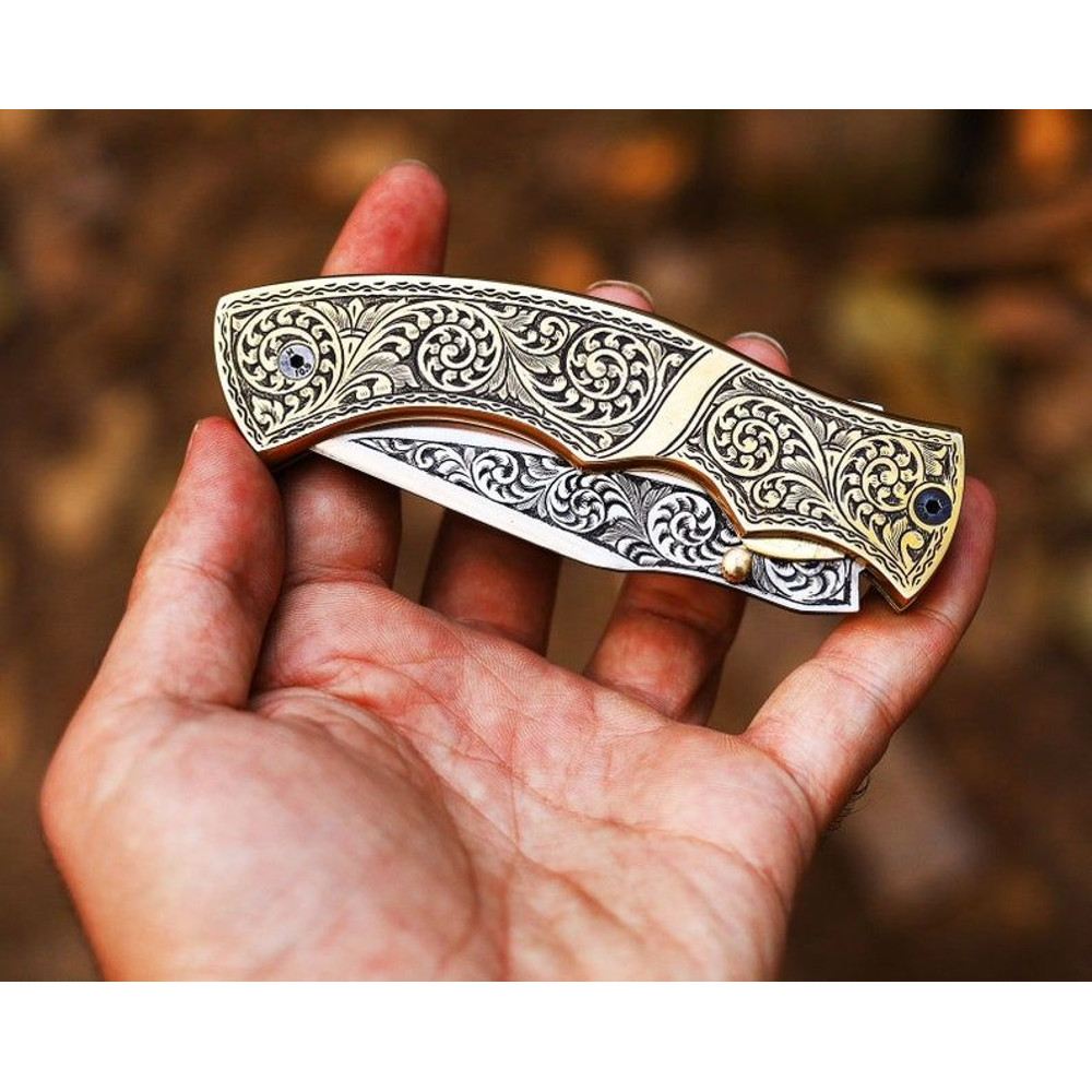 Handmade Hand Engraved Brass Handle Folding Knife Pocket Knife Easy Lock Knife Gift For Him Gift Fo 6