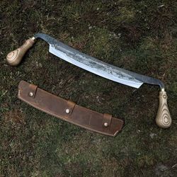 big drawknife with leather case. wood carving knife. spoons, bowls carving drawknife. carpentry knife. hand forged blade
