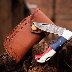 personalized handmade damascus pocket folding knife with texas flag handle – perfect gift for boyfriend, anniversary