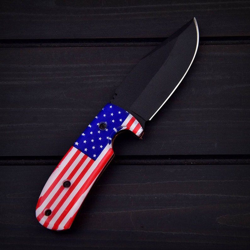 THE AMERICANO  Custom Hand Made  Skinner Camping Knife  D2 Tool STeel  Black Powder Coated  USA Fla