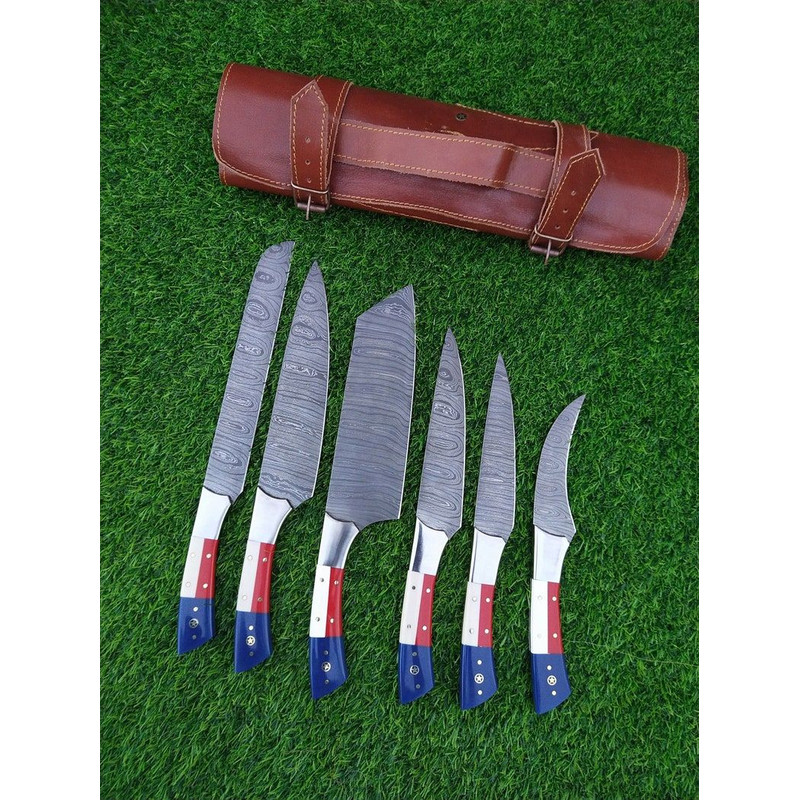 Custom Handmade Damascus Kitchen Knife Set With Texas Flag Handle Gift Knife Sets Anniversary Gifts 0