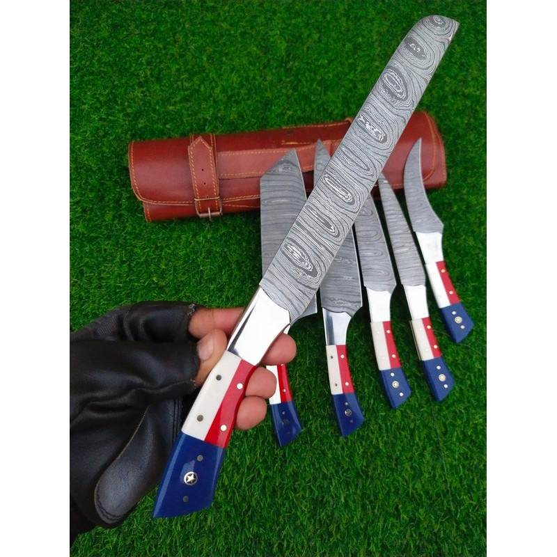 Custom Handmade Damascus Kitchen Knife Set With Texas Flag Handle Gift Knife Sets Anniversary Gifts 1