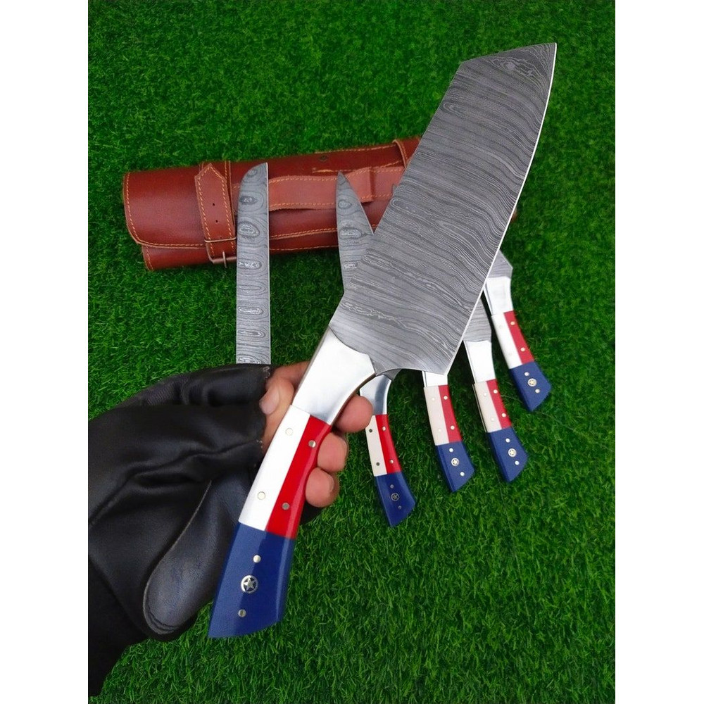 Custom Handmade Damascus Kitchen Knife Set With Texas Flag Handle Gift Knife Sets Anniversary Gifts 2