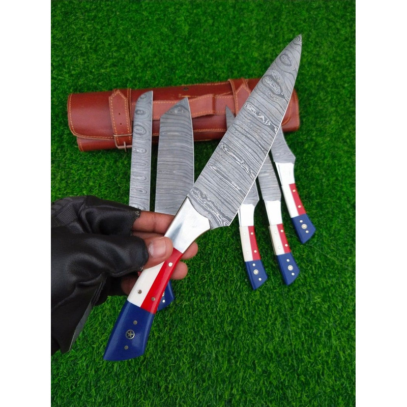 Custom Handmade Damascus Kitchen Knife Set With Texas Flag Handle Gift Knife Sets Anniversary Gifts 3